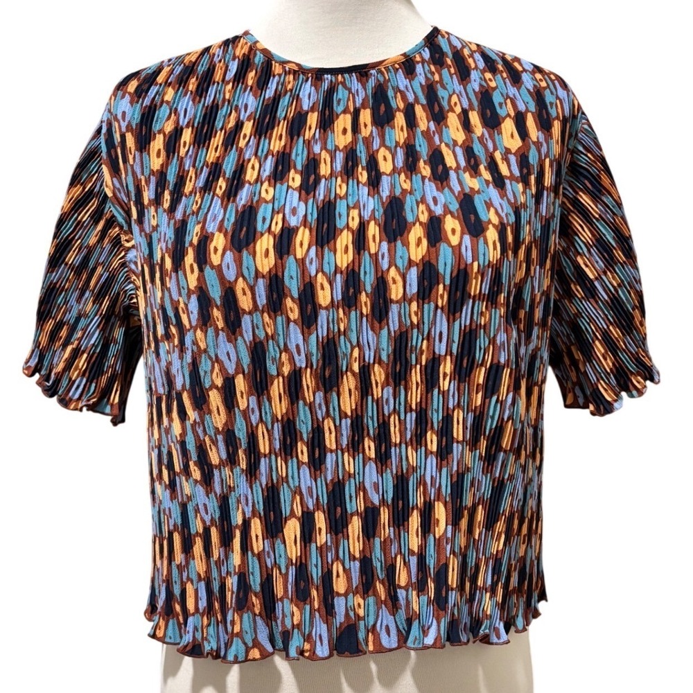 Wildfang Blouse Womens Small Blue Orange Empower Boxy Short Sleeve Top Pleated